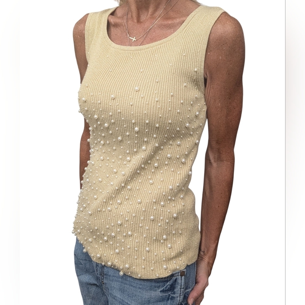 Lauren Michelle Gold Metallic Pearl Beaded Tank Top Small Sleeveless Knit
